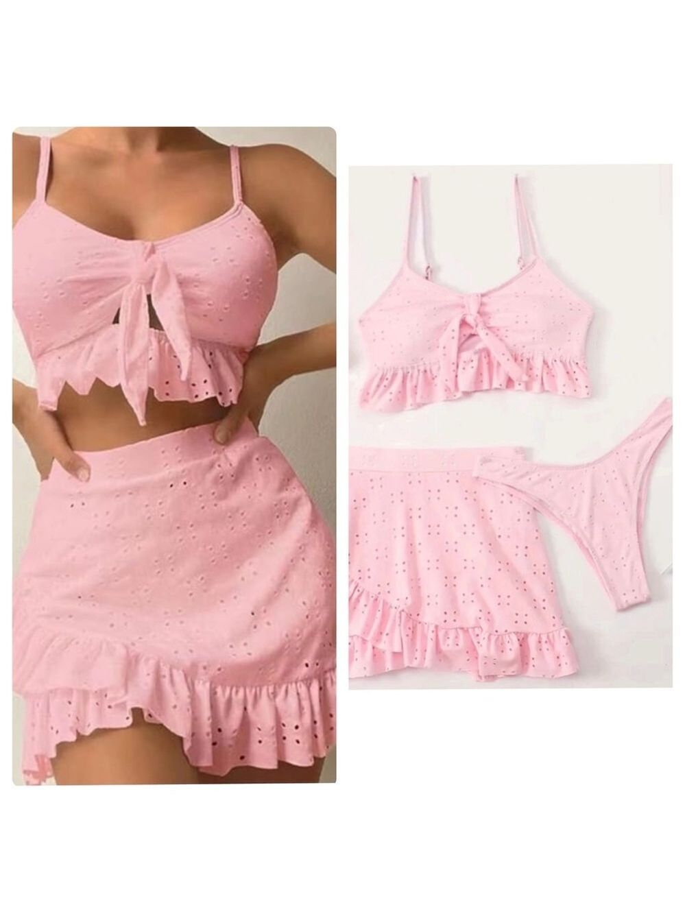 3pc Pink Cami Top High Cut Bikini Set with Skirt Cover Up
